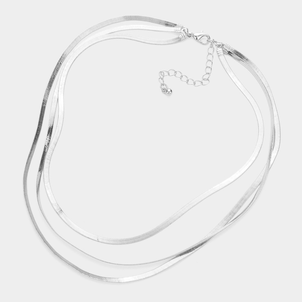 Silver Triple Layered Bib Herringbone Necklace Chain Snake Simple Chic Metal - Picture 2 of 2